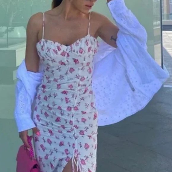 ZARA LINEN FLORAL BUSTIER EYELET SMOCKED BACK FULLY LINED MIDI DRESS - Picture 9 of 14